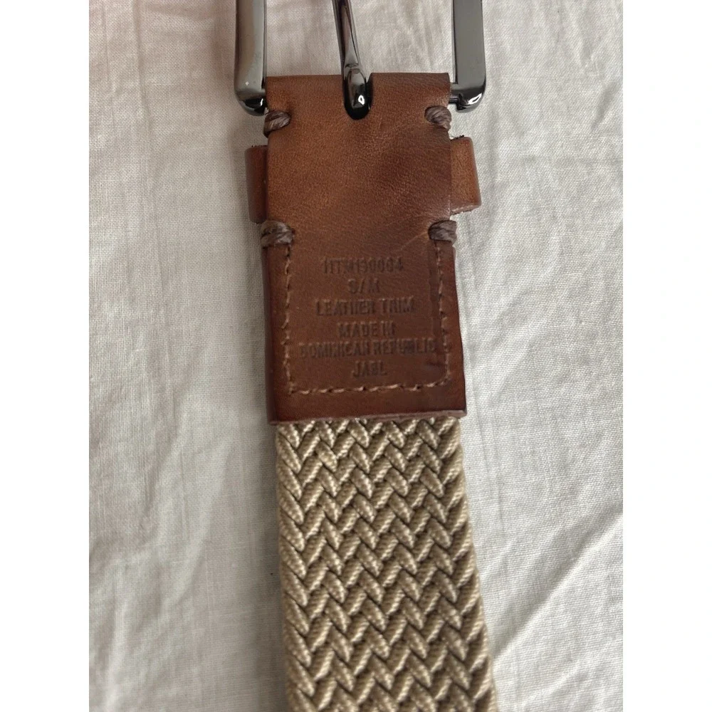 Tommy Bahama Two-Tone Stretch Webbed Belt Size: S/M Khaki 100% Leather Trim